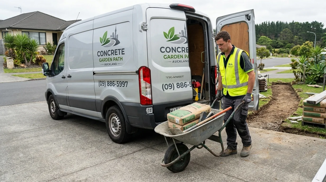 Concrete Garden Path Auckland technician unloading equipment